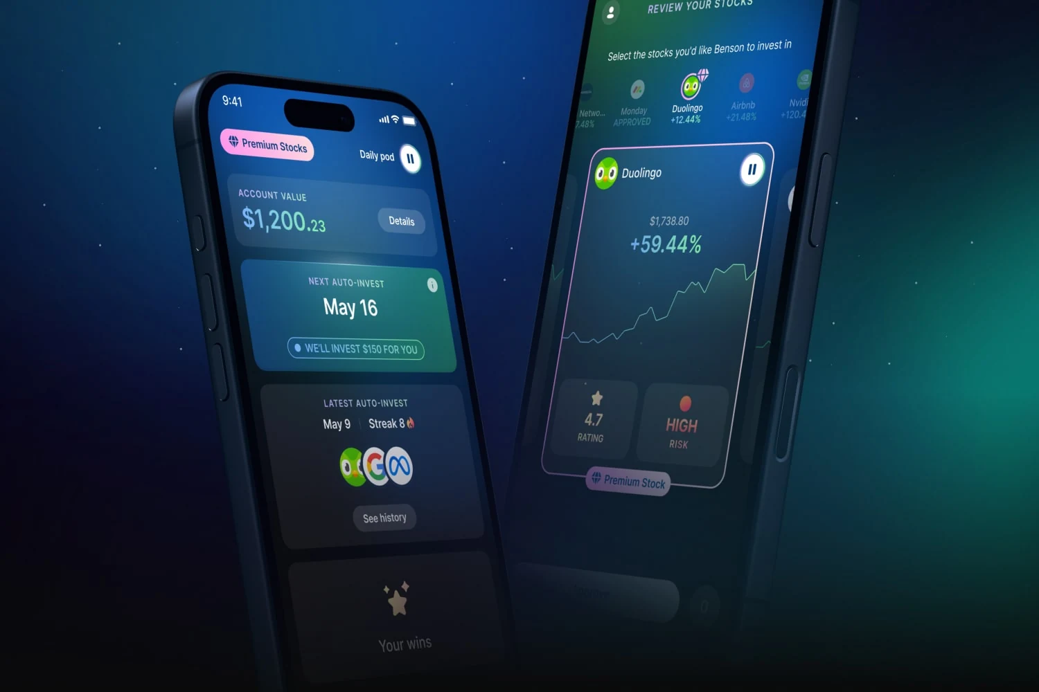 Two Benson app screens, showing the account value and a stock's performance