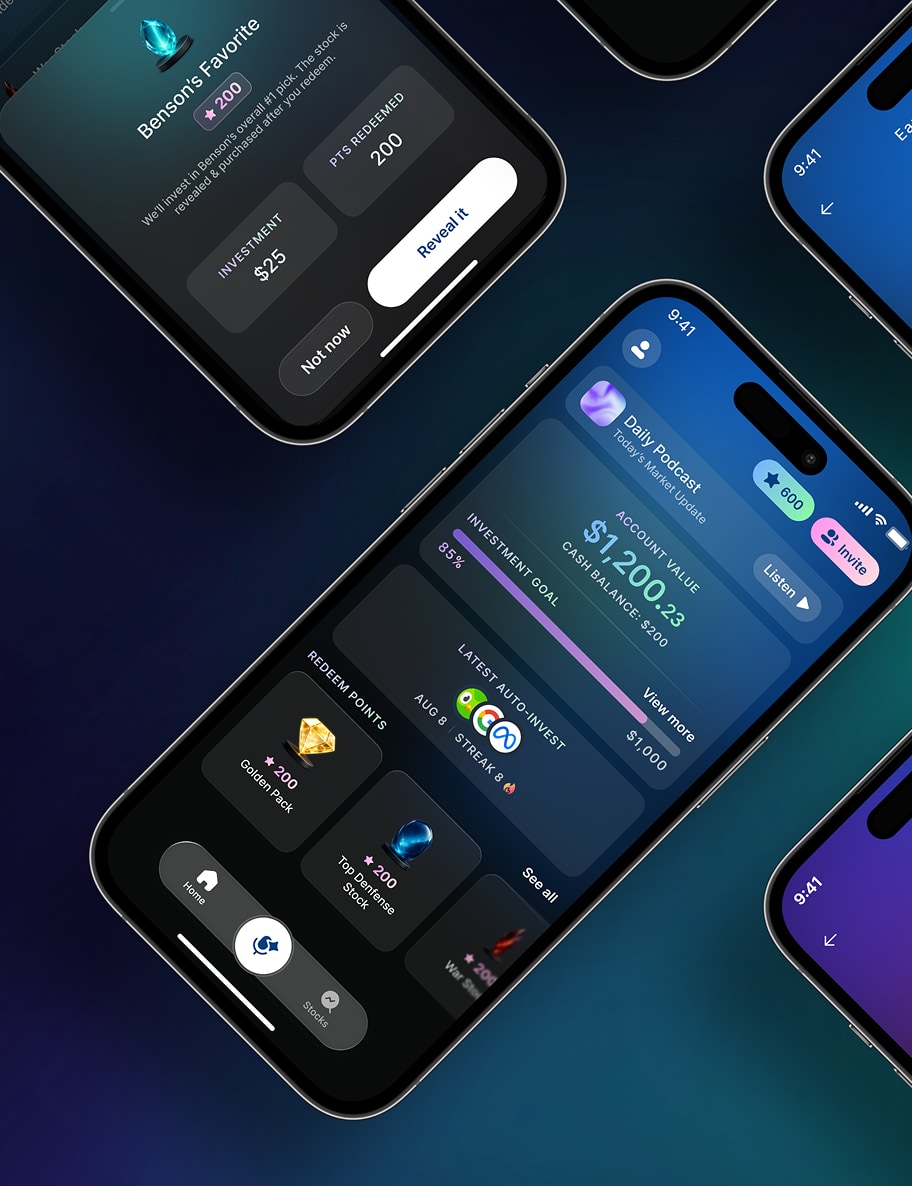 Benson app screens, showing a portfolio, a rewards balance and a stock pick