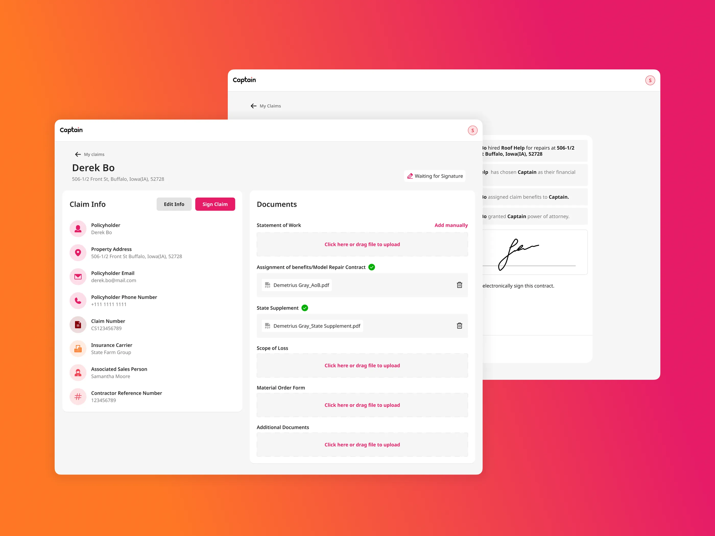 Two Captain claim screens over a pink and orange ground: a claim record with the policyholder and the insurance carrier beside a checklist of documents to upload, and behind it the contract a homeowner signs electronically