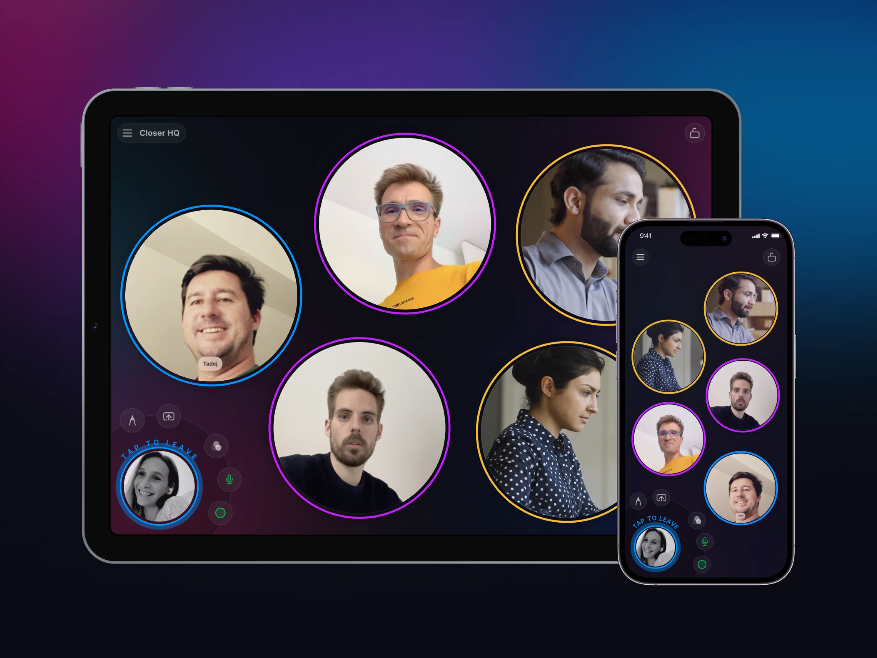 The Closer room open on a tablet and a phone: six colleagues in circular video tiles over a dark purple ground, with a tap to leave control at the bottom left