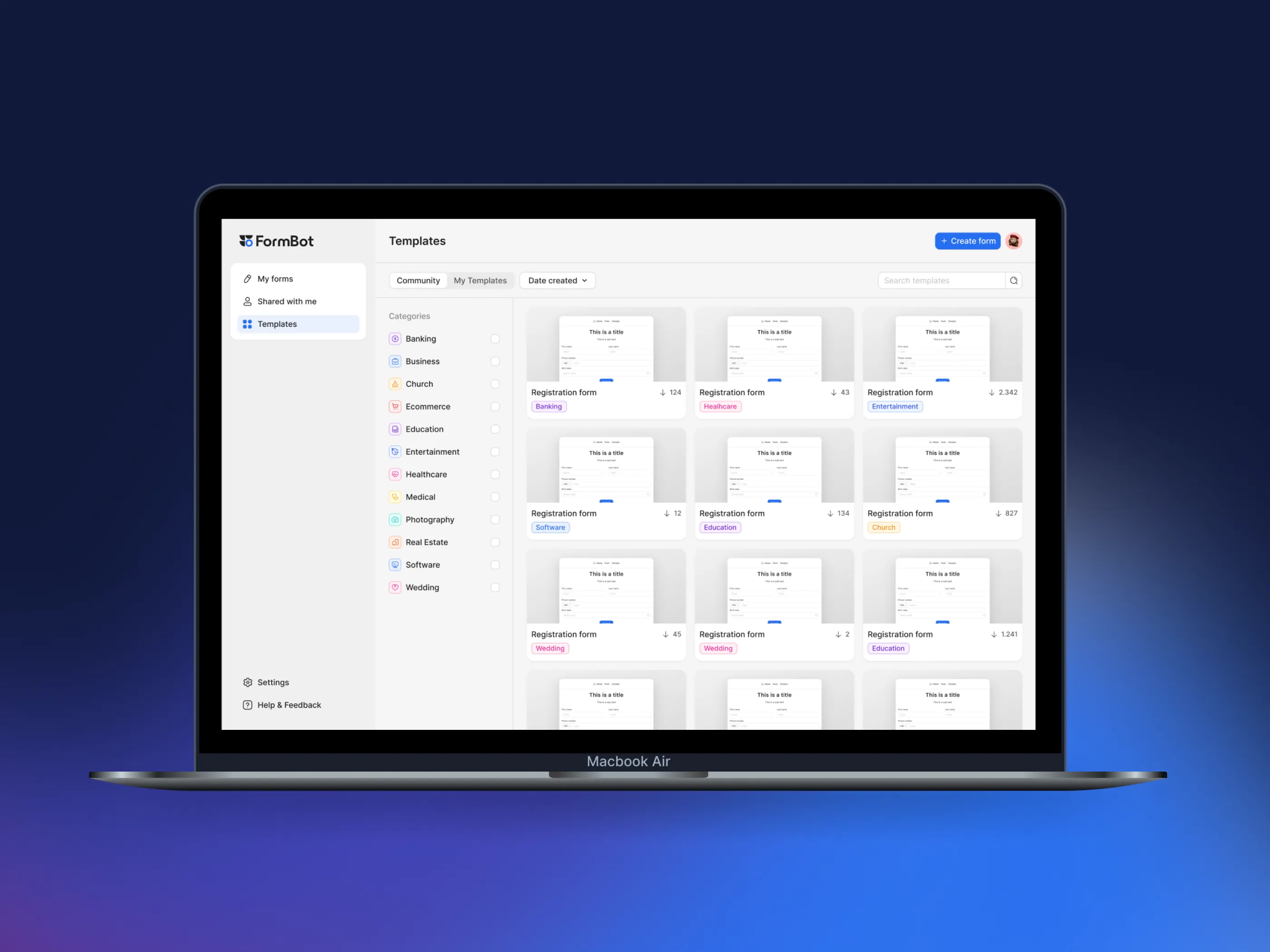 The FormBot template library open on a laptop: a category list down the left and a grid of community registration templates, each with its download count