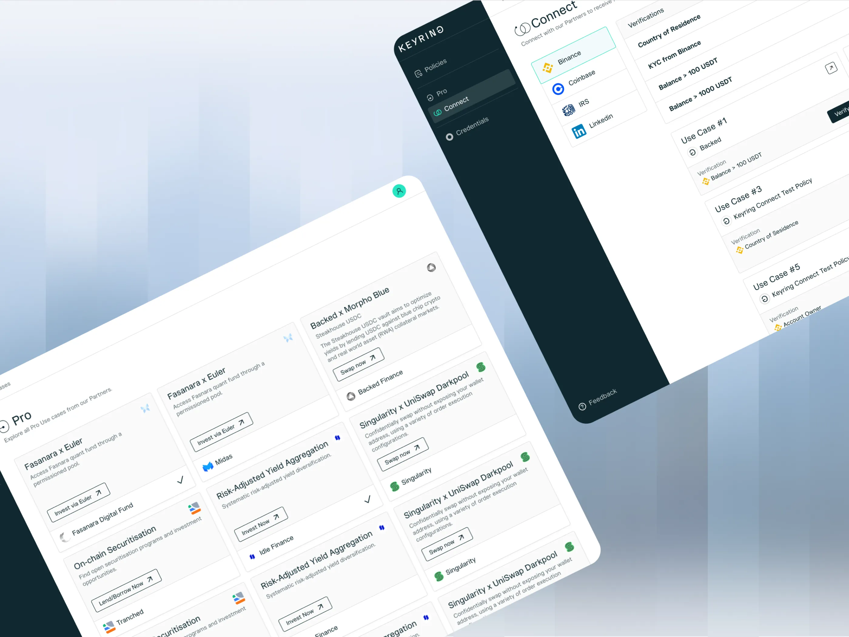 Two Keyring screens tilted on a pale ground: the Pro board of partner use cases with swap and invest actions on each, and the Connect panel matching a wallet's credentials against a policy