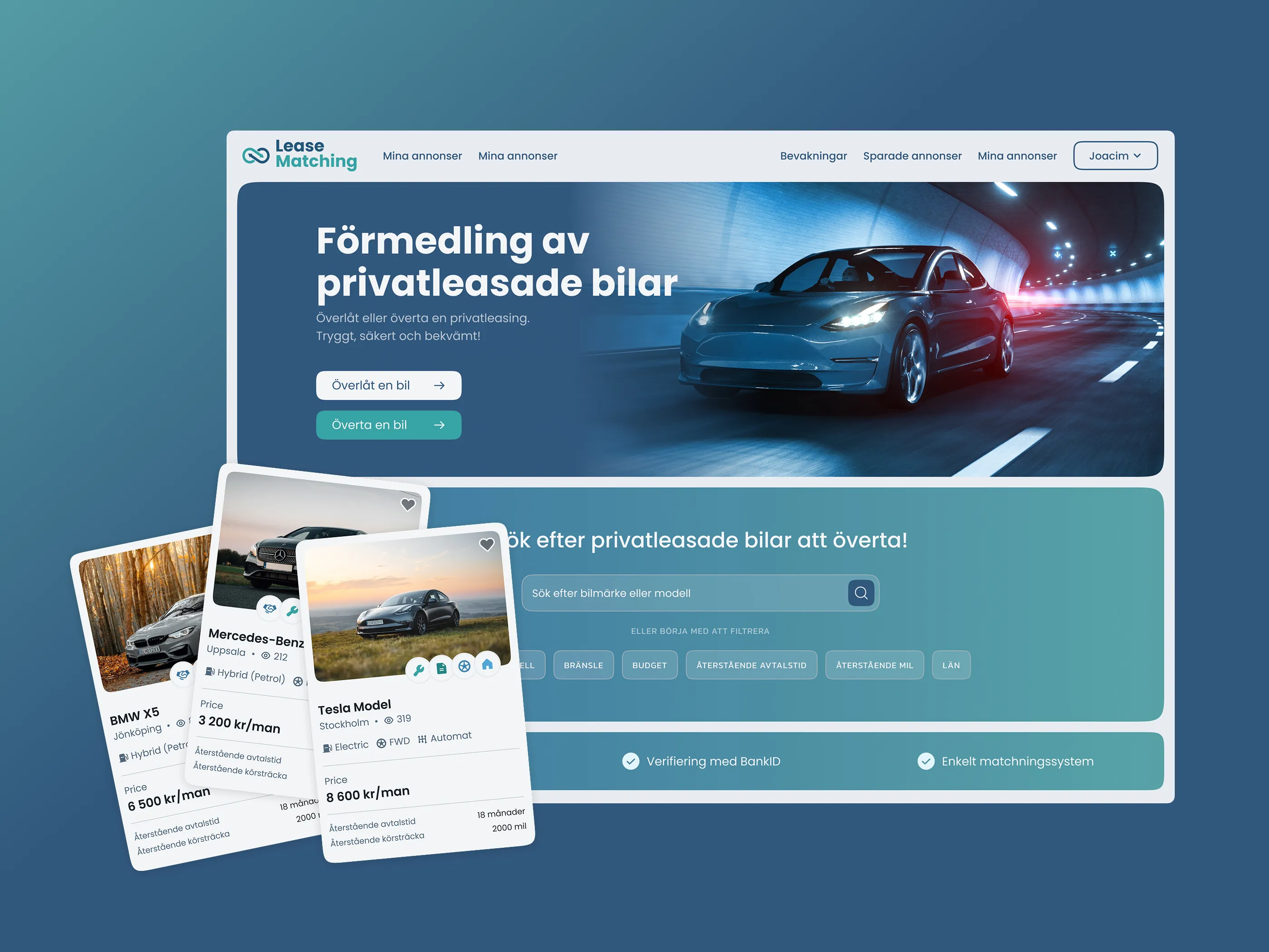The Lease Matching site on a teal ground: a Swedish home page for handing over or taking on a private car lease, with three listing cards in front of it showing a BMW, a Mercedes-Benz and a Tesla with their monthly price and months remaining