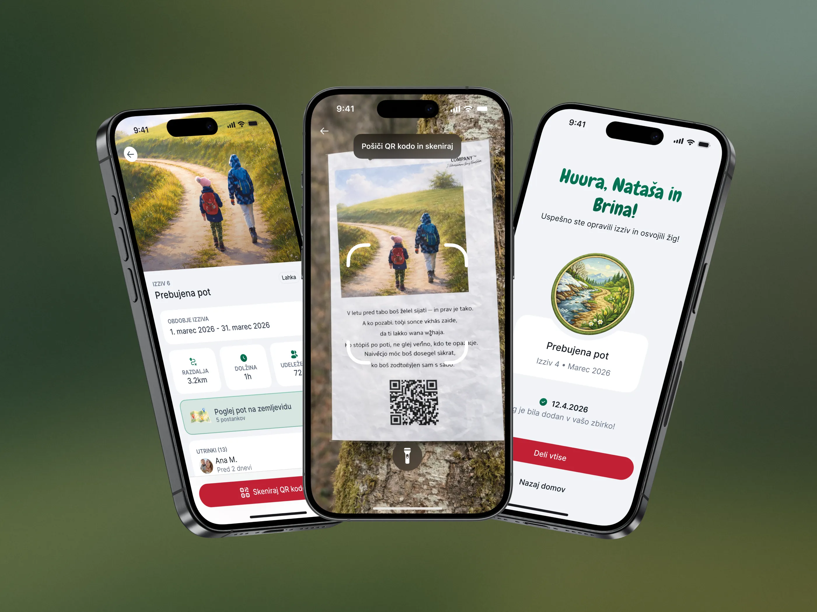 Three Logaskih 7 screens on a green ground: a trail challenge with its distance and walking time, the camera scanning a QR code pinned to a tree, and the badge screen congratulating two walkers by name