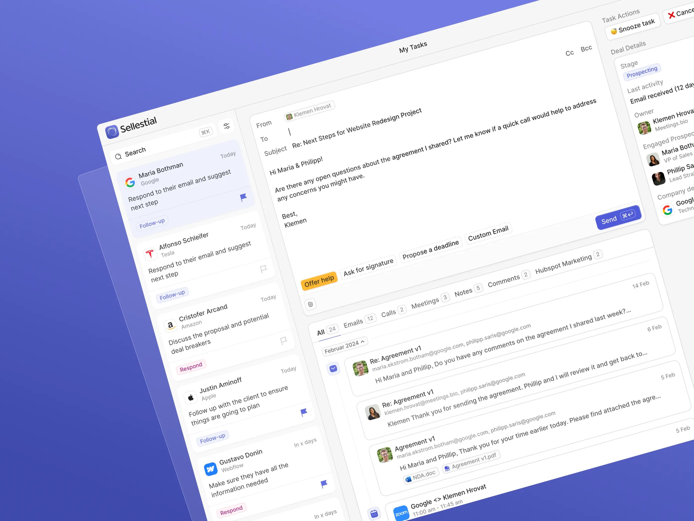 The Sellestial workspace tilted on a violet ground: a task list of follow-ups grouped by company, an email being written in the middle column, and the full history of that deal on the right