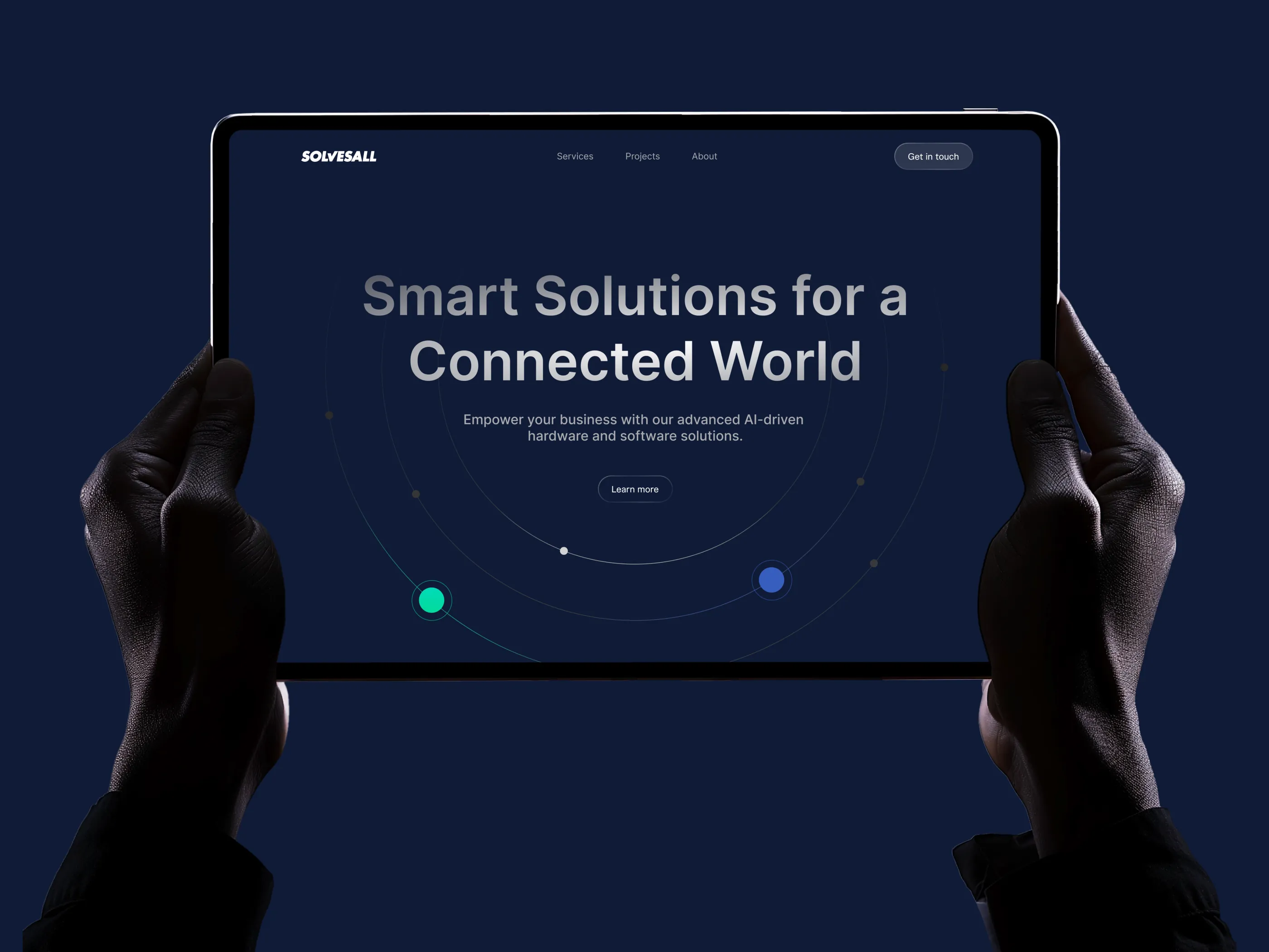 The Solvesall site held open on a tablet against a navy ground, its home page headline set over a faint orbit diagram with two lit nodes on it