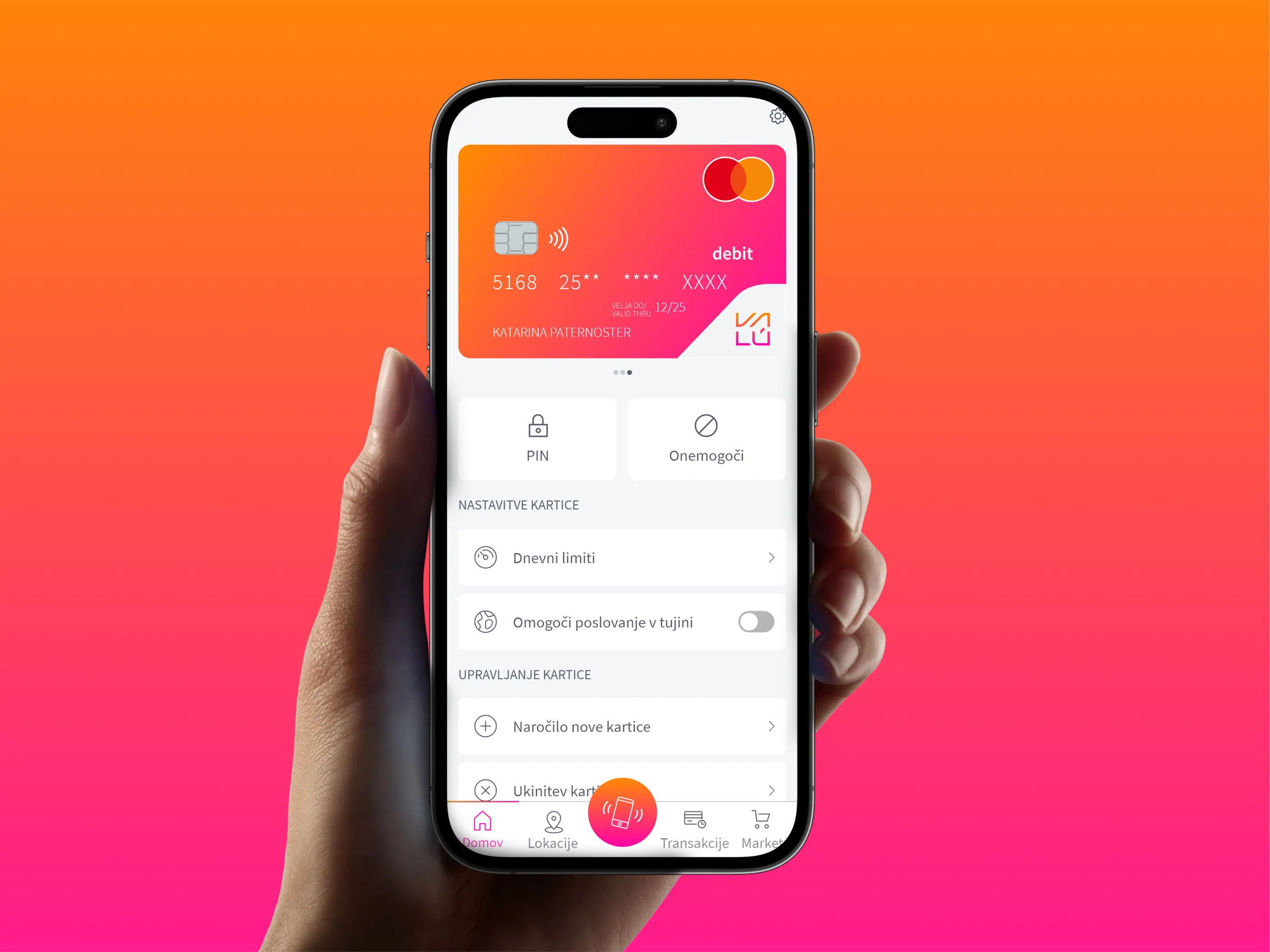 A Valu card screen held on a phone against an orange and pink ground: the prepaid Mastercard at the top, then the PIN and disable controls and the card settings list under it